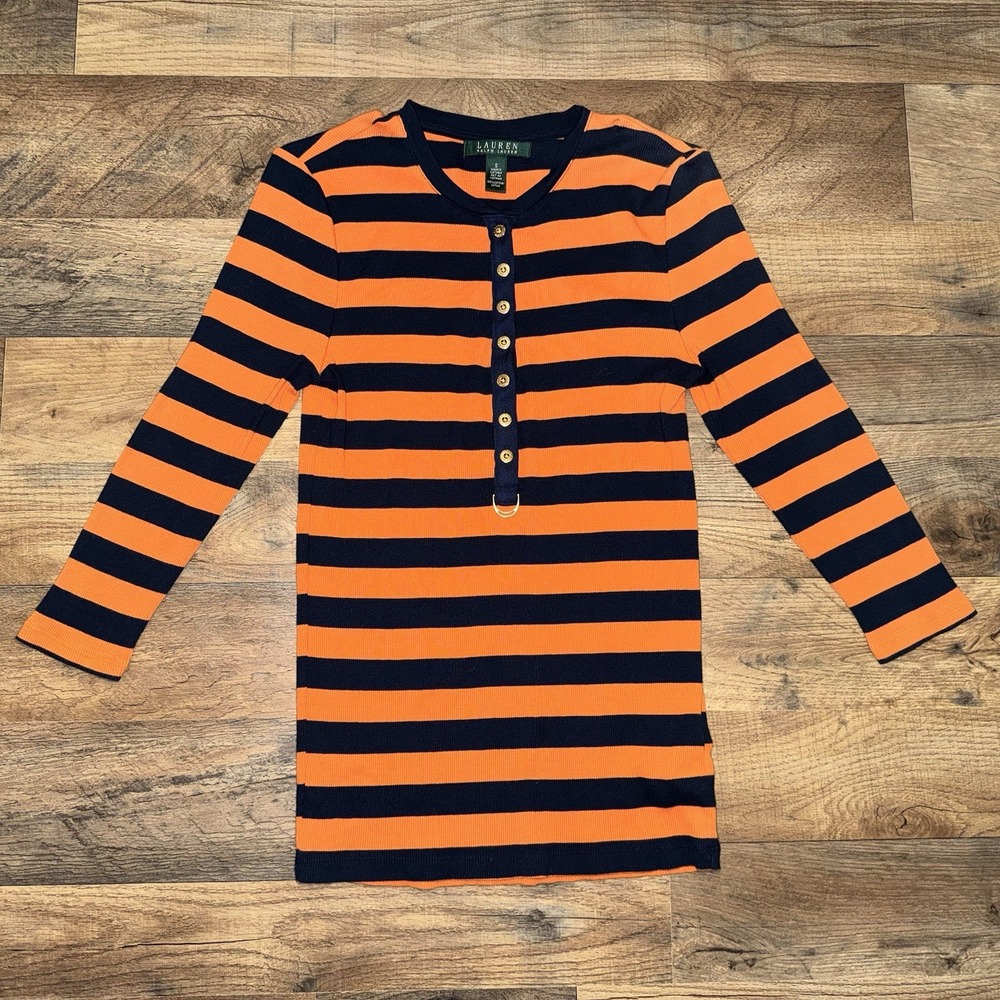 Lauren Ralph Lauren Henley Blue Orange Striped Preppy Old Money Gold Buttons